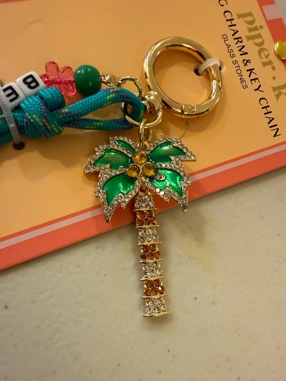 Piper K Palm Tree/Flower/“Be Happy” Bag Charm Key Chain - Multicolor - BRAND NEW